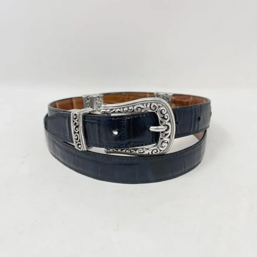 Brighton Reversible Leather Belt Wms 36 Navy Blue Brown Croc Embossed Silver